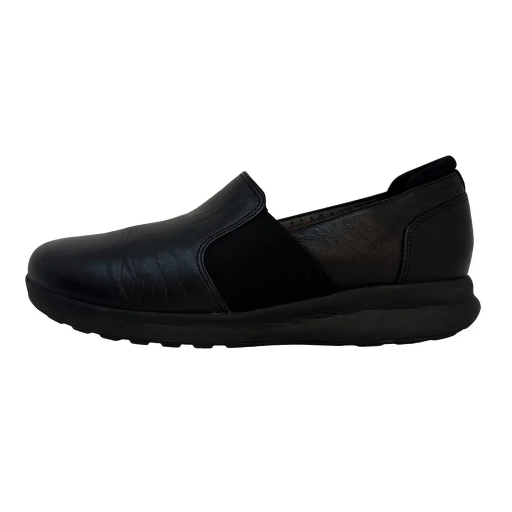 Womens Clarks Black Leather Slip On Un Adorn Step Sneakers‎ sz US 9 M